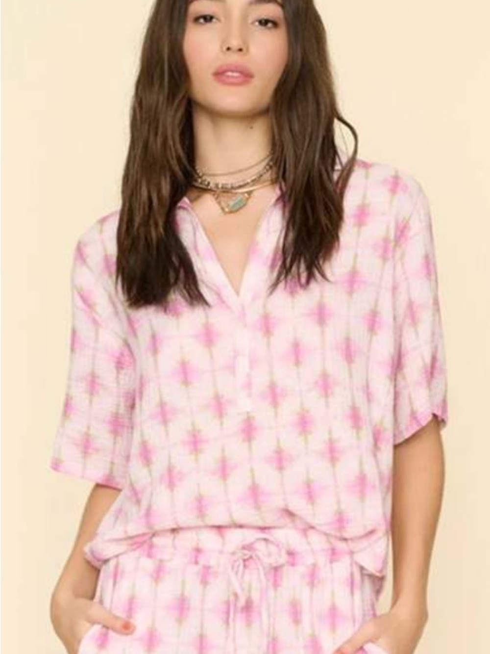 XiRENA Decker pink twinkle cotton gauze material geode print top XS